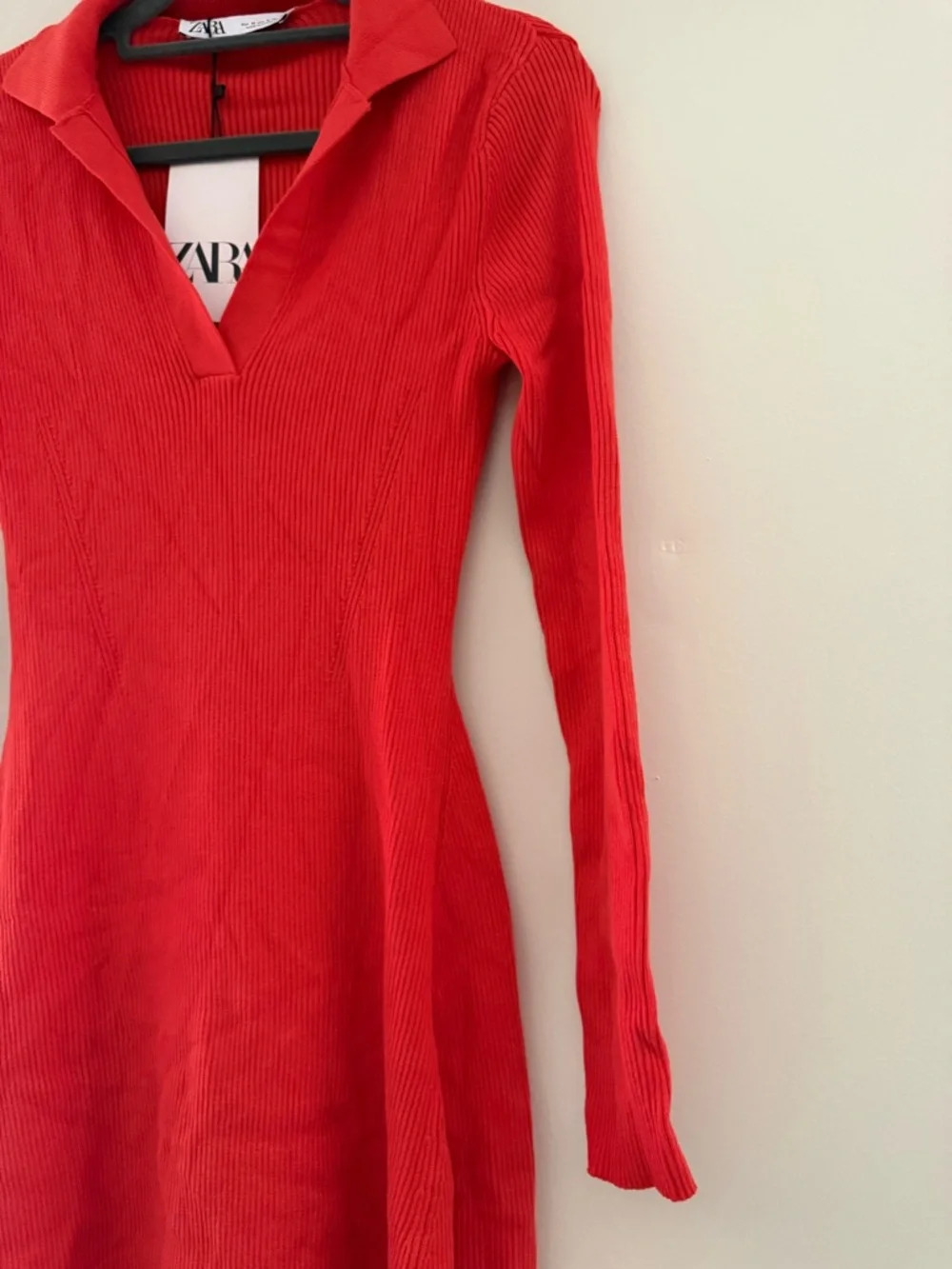Zara Red Orange Ribbed Knit Mini Dress Polo Collar Bodycon Long Sleeve Medium - Picture 6 of 11